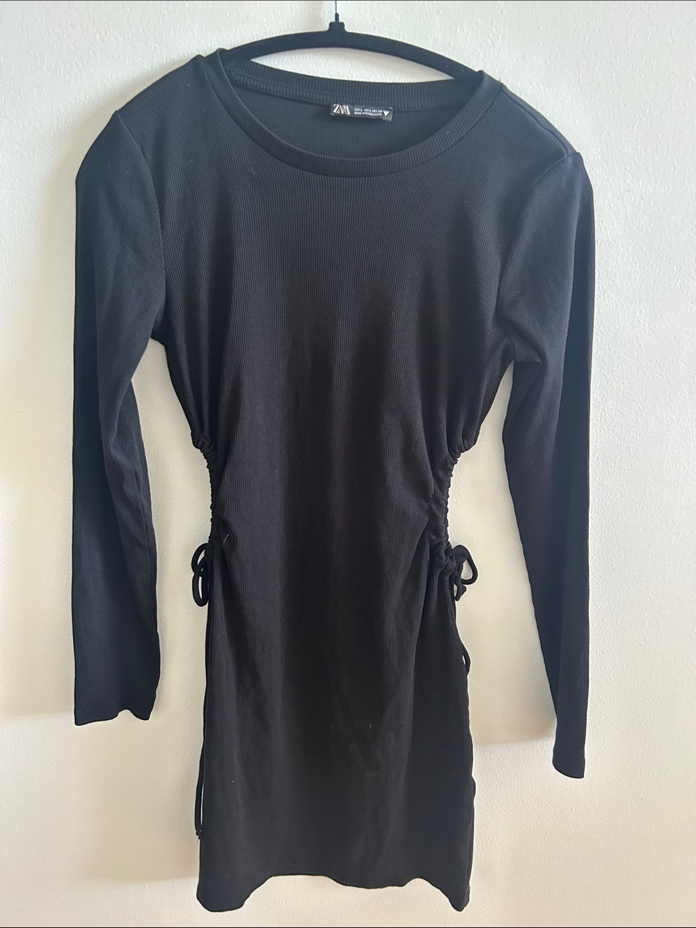 Zara Black Long-Sleeve Side-Tie Ruched Tee Dress